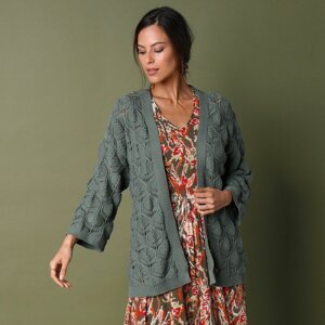 Blancheporte Kimono sveter, ažúrový vzor zelenkastá 46/48