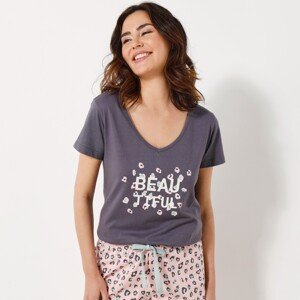 Blancheporte Pyžamové tričko s krátkymi rukávmi a stredovou potlačou "Beautiful" sivá antracitová 34/36