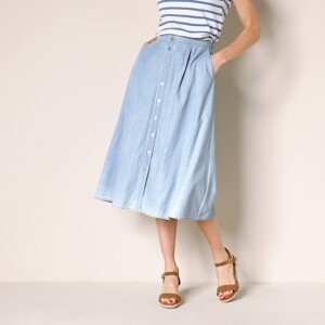 Blancheporte Džínsová polodlhá rozšírená sukňa na gombíky zapratá modrá svetlá 36
