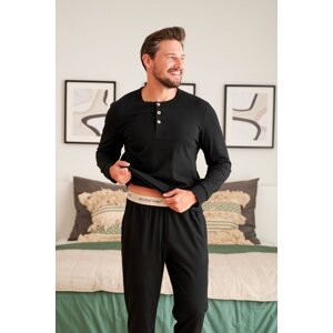 Černé pánské pyžamo s knoflíky a ozdobnou gumou Doctor Nap PMB.5267 Čierna 2XL
